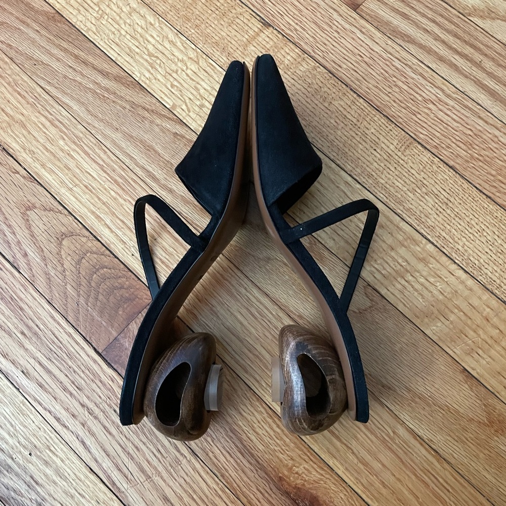 👹NWOT NEOUS Slipon Sandals Square toe ball heel cylindric Asymmetric Pumps 38.5 - Picture 3 of 10